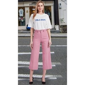 NEW Woman's Cropped High Waist Wide Straight Leg Mauve Pink Chino Pants